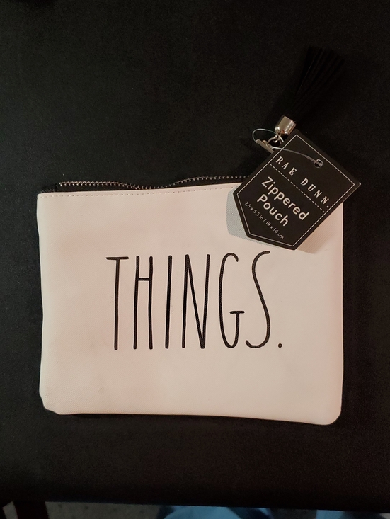 Rae Dunn Handbags - Rae Dunn White Pouch with Black 'THINGS.' Lettering